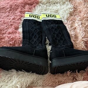 Never worn UGG Black Knit Sweater Letter Platform Boots with Yellow Branded Cuff